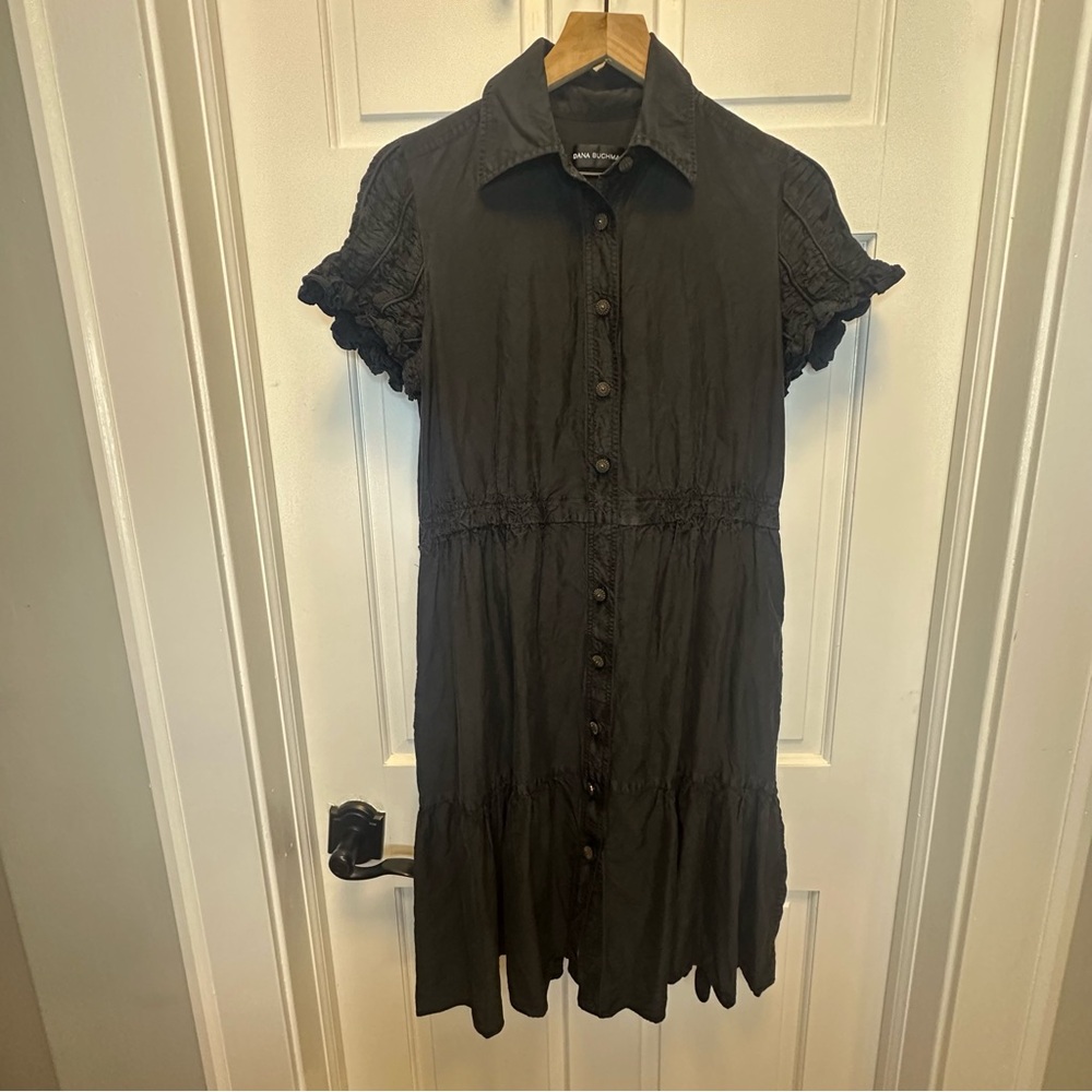 Dana Buchman 100% Silk Black Button‎ Up Midi Dress